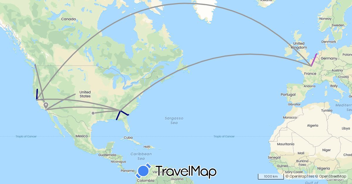 TravelMap itinerary: driving, plane, train in Canada, France, Netherlands, United States (Europe, North America)